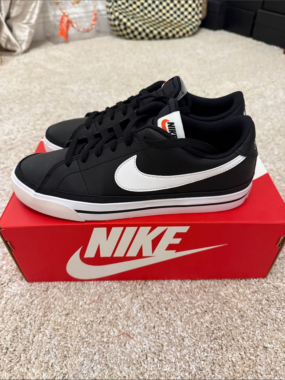 Nike men’s Black court Legacy and White Low-Top Swoosh Sneakers